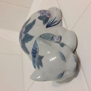 Vintage Chinese sleeping cat hand painted porcelain floral blue, white and pink